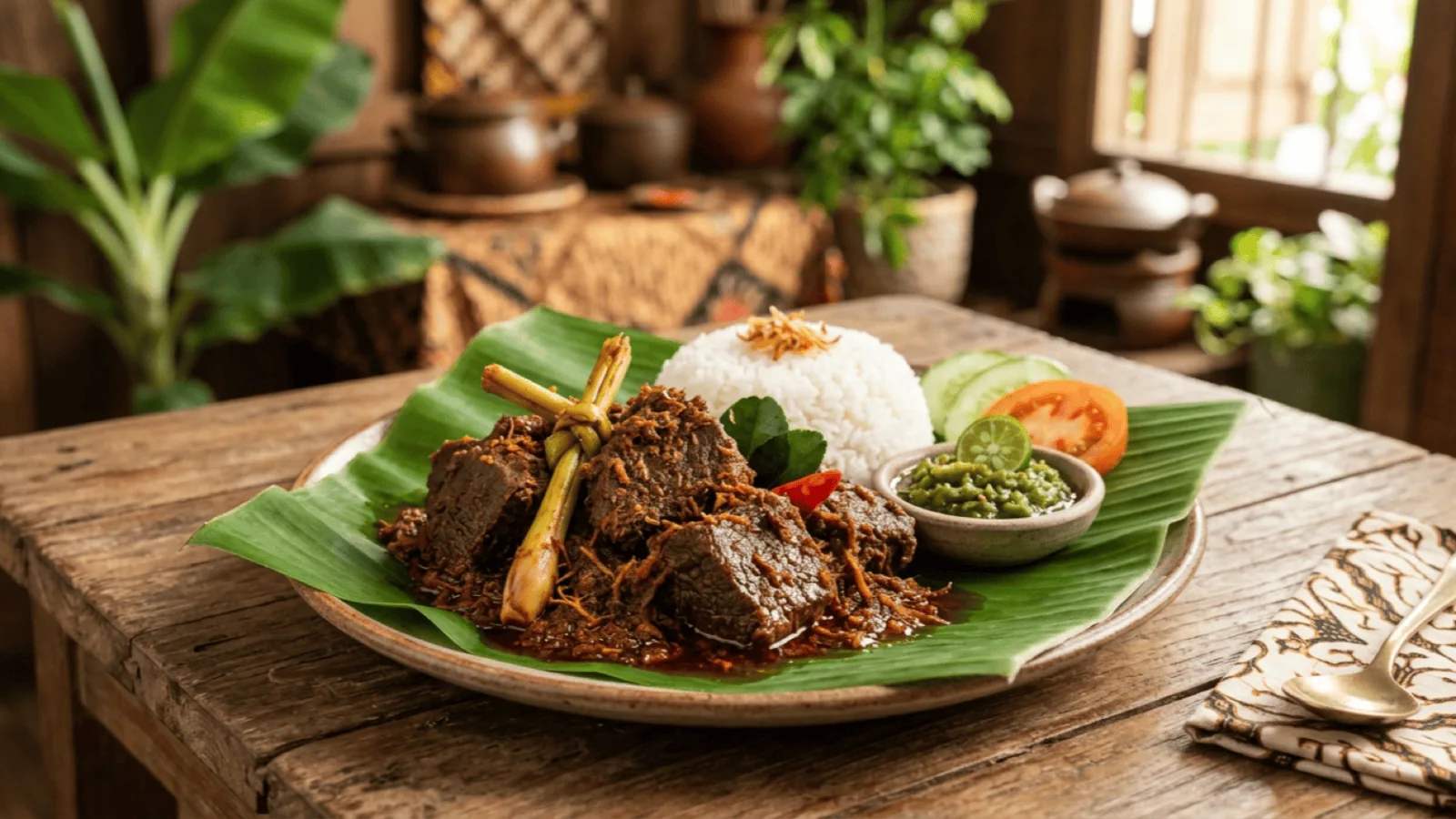 Rendang de bœuf sur feuille de bananier : morceaux de bœuf enrobés d’une pâte d’épices caramélisée, riz blanc, sambal vert et concombre