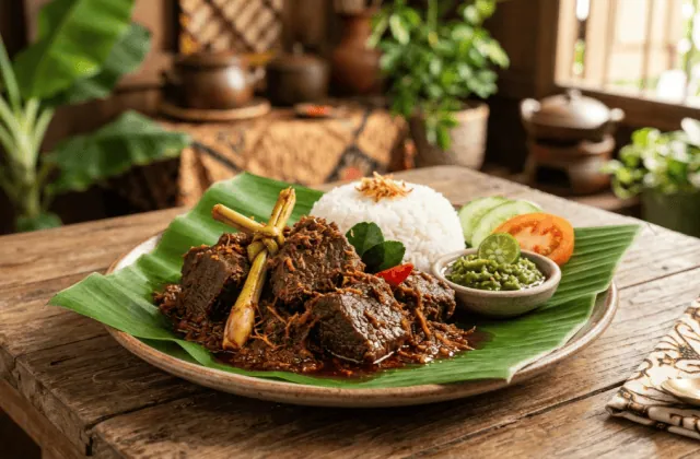 Rendang de bœuf sur feuille de bananier : morceaux de bœuf enrobés d’une pâte d’épices caramélisée, riz blanc, sambal vert et concombre