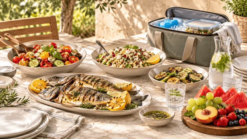 Table estivale avec poisson grillé, salades, fruits et glacière