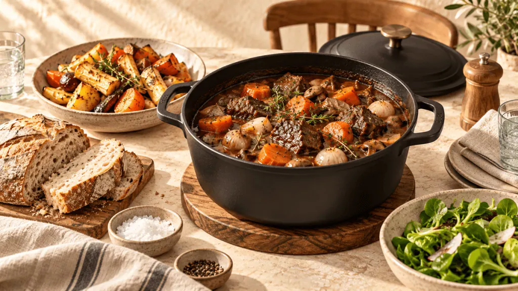 Cocotte de viande mijotée avec légumes rôtis, pain et salade