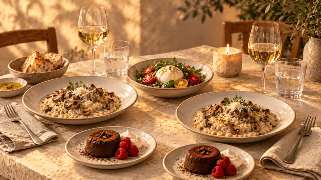 Dîner pour deux avec risotto, entrée, dessert et bougie
