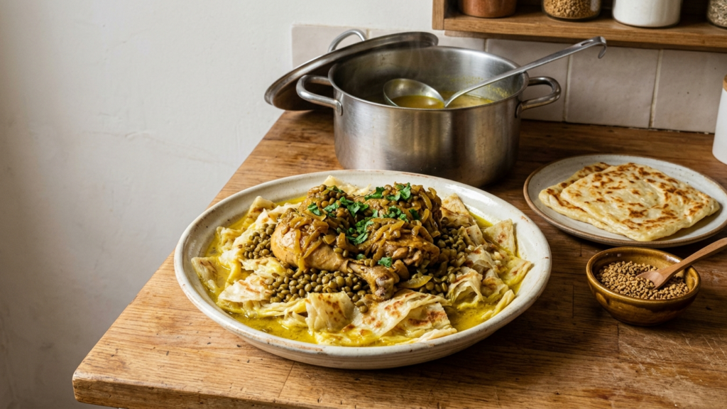 Rfissa au poulet maison : msemen effeuillés au bouillon safrané, poulet, oignons et lentilles, marmite en arrière-plan