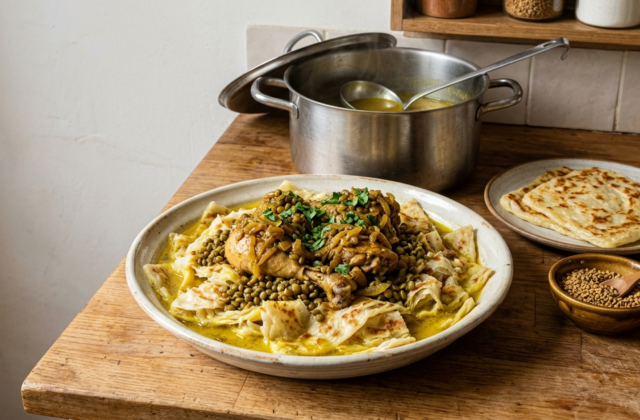 Rfissa au poulet maison : msemen effeuillés au bouillon safrané, poulet, oignons et lentilles, marmite en arrière-plan