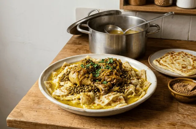 Rfissa au poulet maison : msemen effeuillés au bouillon safrané, poulet, oignons et lentilles, marmite en arrière-plan