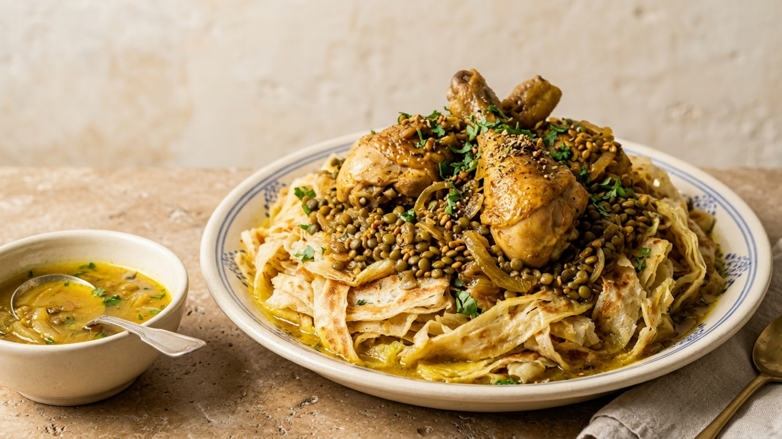 Rfissa marocaine : msemen effeuillés imbibés de bouillon au safran, poulet, oignons fondus et lentilles