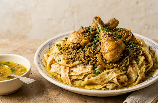 Rfissa marocaine : msemen effeuillés imbibés de bouillon au safran, poulet, oignons fondus et lentilles
