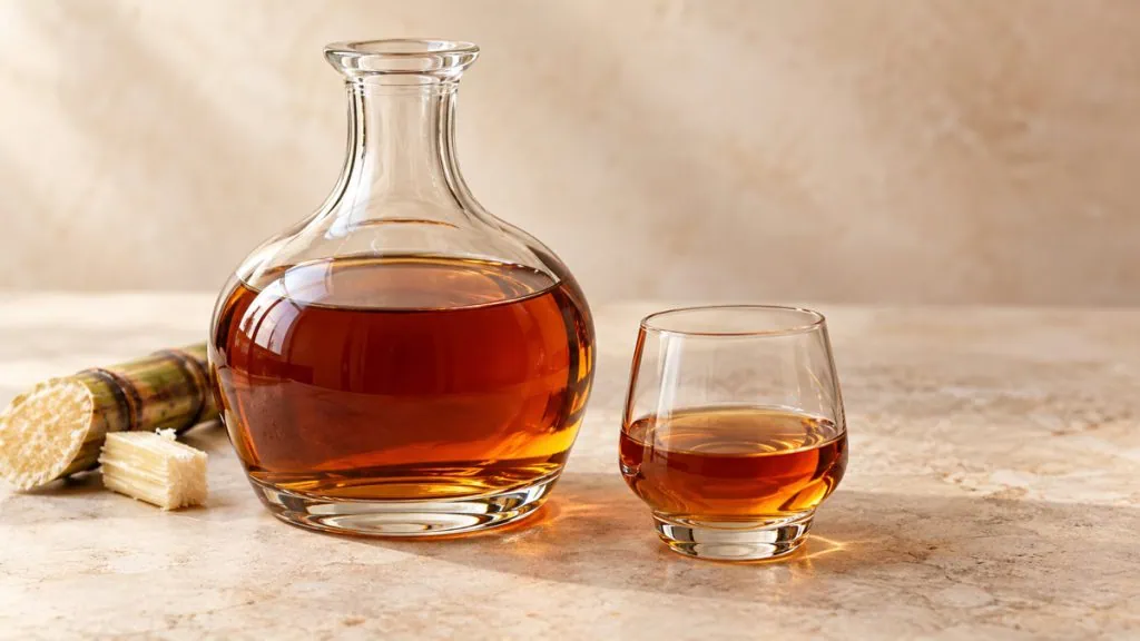 Rhum ambré dans une carafe et un verre avec un morceau de canne à sucre