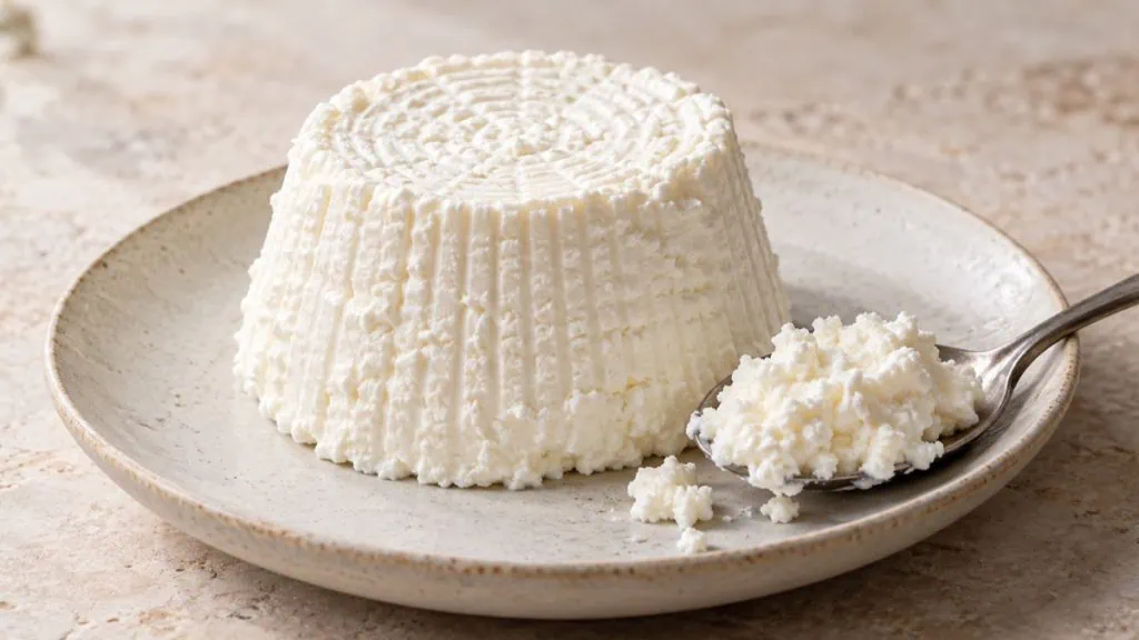 Ricotta italienne fraîche démoulée avec sa texture granuleuse