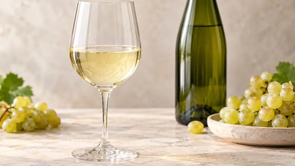 Verre de riesling blanc avec bouteille neutre et raisins
