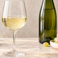Verre de riesling blanc avec bouteille neutre et raisins