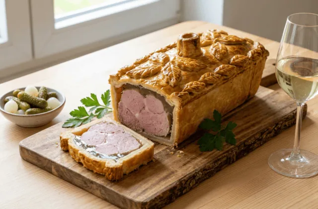 Rieslingspaschtéit maison sortie du four, pâté en croûte décoré tranché, cornichons et verre de riesling
