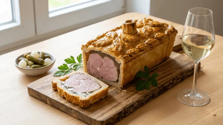 Rieslingspaschtéit maison sortie du four, pâté en croûte décoré tranché, cornichons et verre de riesling
