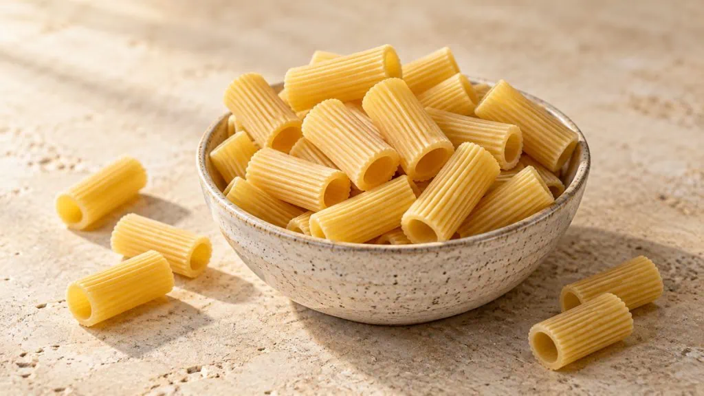 Pâtes rigatoni sèches striées dans un bol en grès