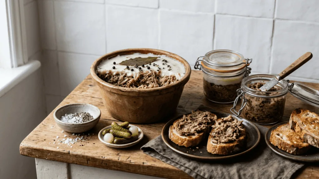Rillettes de porc maison en terrine et en bocaux, tartines de pain grillé, cornichons et poivre
