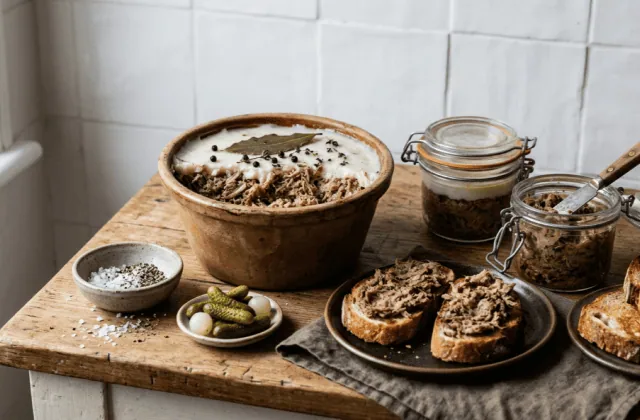 Rillettes de porc maison en terrine et en bocaux, tartines de pain grillé, cornichons et poivre