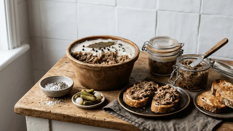 Rillettes de porc maison en terrine et en bocaux, tartines de pain grillé, cornichons et poivre