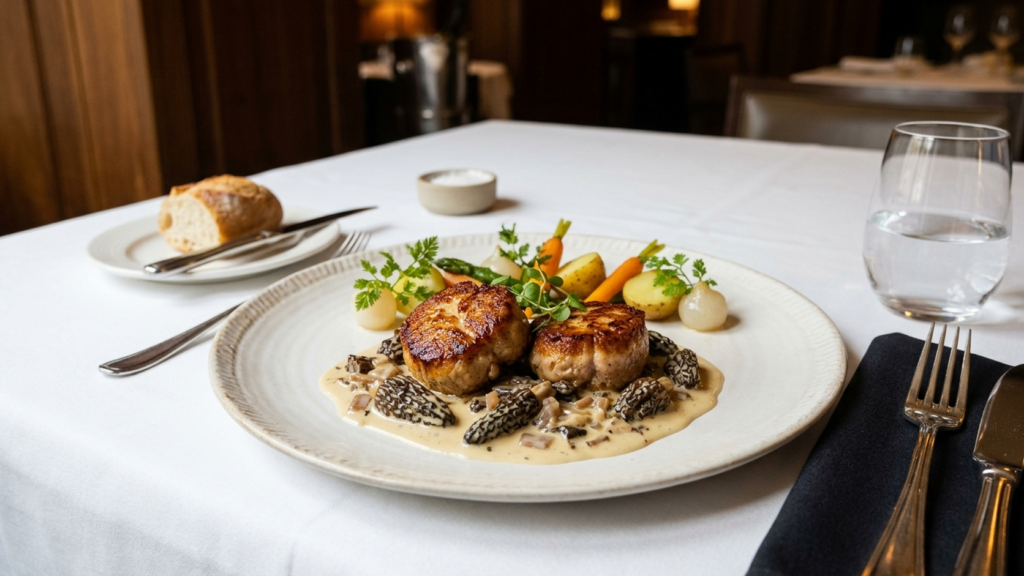 Ris de veau poêlés et dorés, nappés de sauce à la crème aux morilles, petits légumes glacés et cerfeuil