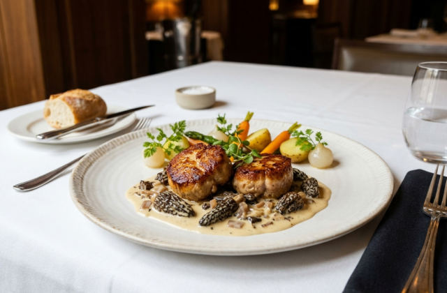 Ris de veau poêlés et dorés, nappés de sauce à la crème aux morilles, petits légumes glacés et cerfeuil