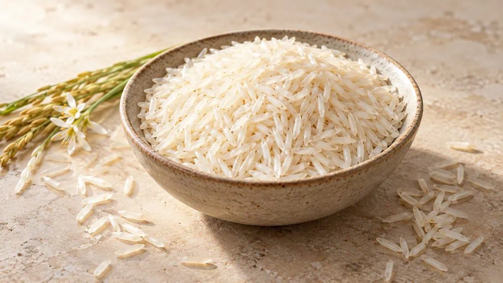 Grains de riz basmati crus dans un bol en grès