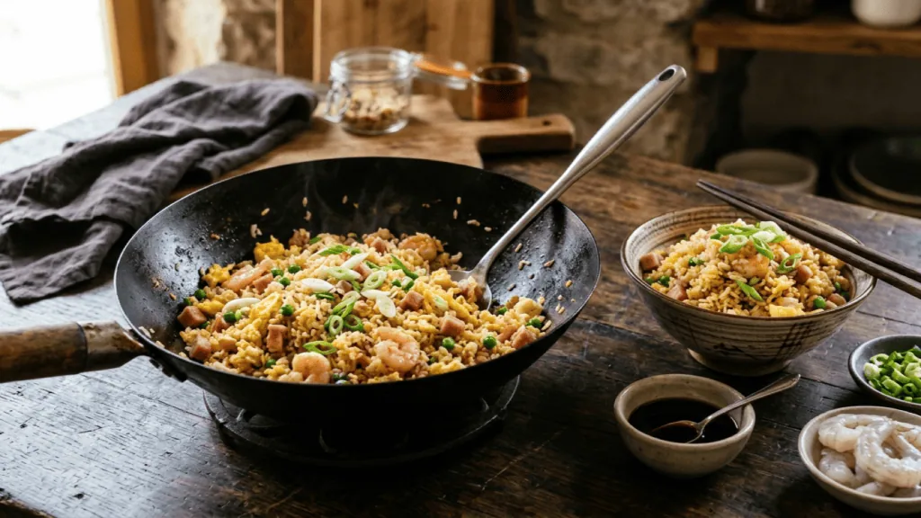 Riz cantonais maison au jambon et aux crevettes dans un wok, œuf brouillé, petits pois et ciboule, bol servi