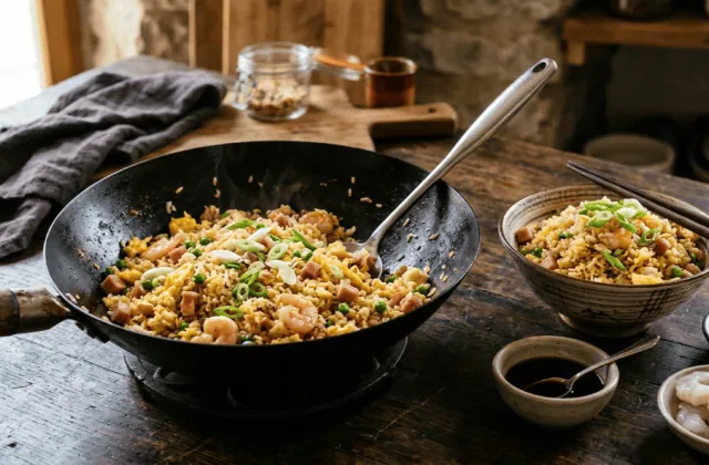 Riz cantonais maison au jambon et aux crevettes dans un wok, œuf brouillé, petits pois et ciboule, bol servi