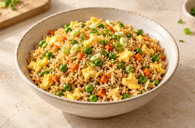 Riz frit aux œufs, petits pois, carottes et cébette