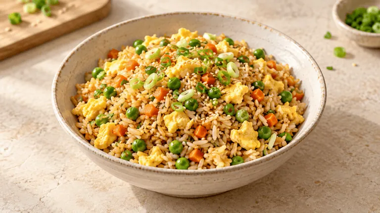 Riz frit aux œufs, petits pois, carottes et cébette
