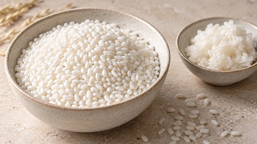 Riz gluant cru blanc nacré avec une petite portion cuite
