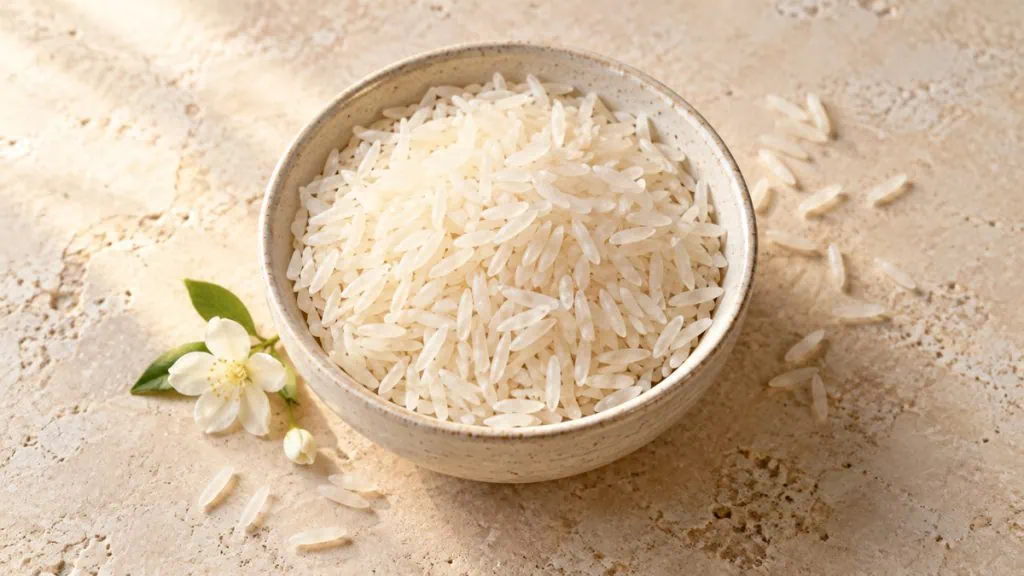 Grains de riz jasmin crus dans un bol en grès
