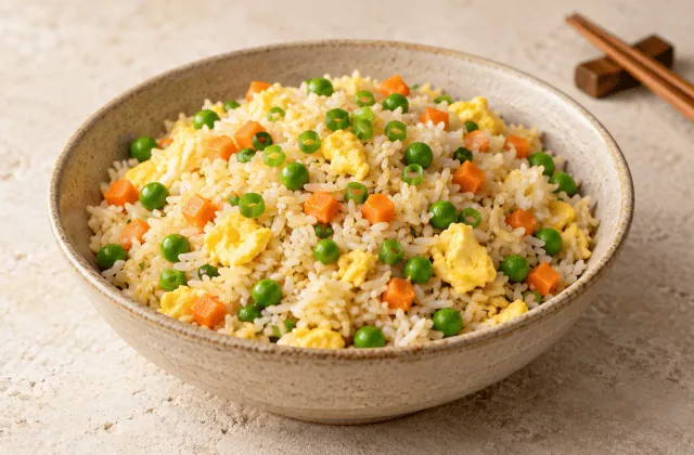 Riz sauté aux œufs avec petits pois, carotte et ciboule