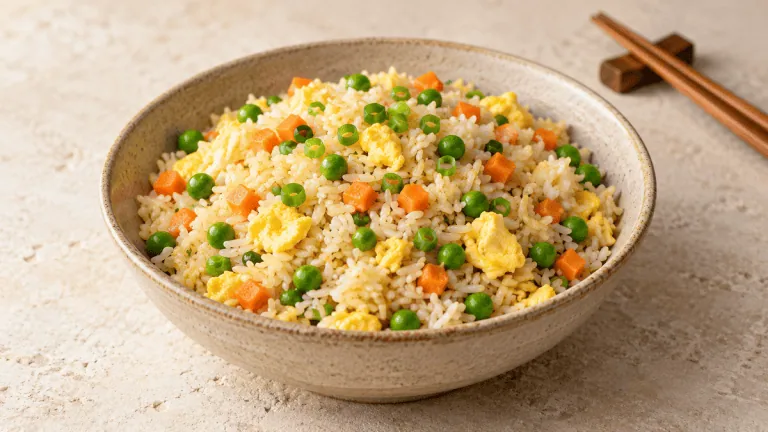 Riz sauté aux œufs avec petits pois, carotte et ciboule