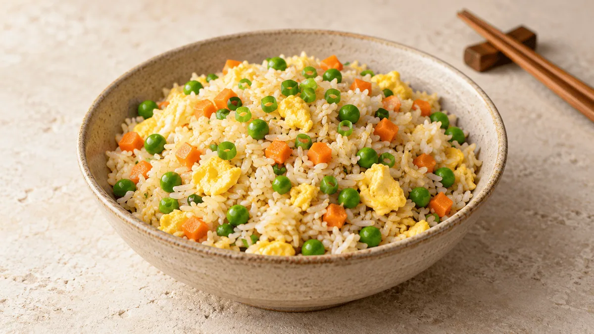 Riz sauté aux œufs avec petits pois, carotte et ciboule