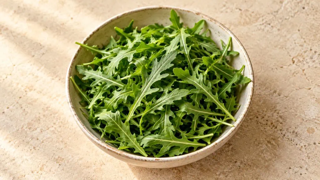 Feuilles de roquette fraîches dans un bol en grès