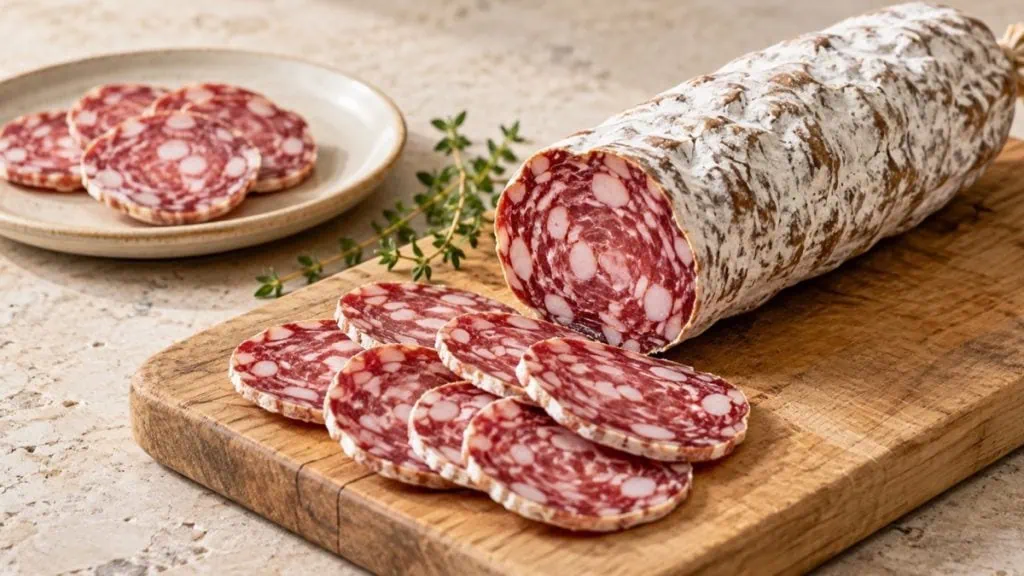 Rosette lyonnaise entière et tranchée sur une planche en bois