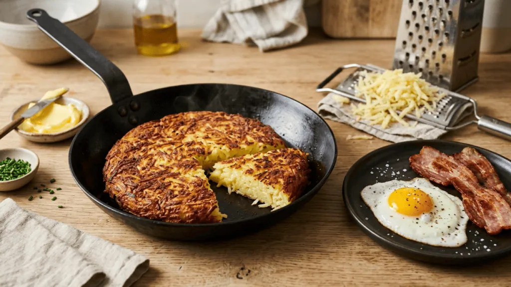 Rösti de pommes de terre doré et croustillant dans une poêle, part coupée, œuf au plat et bacon, râpe à côté