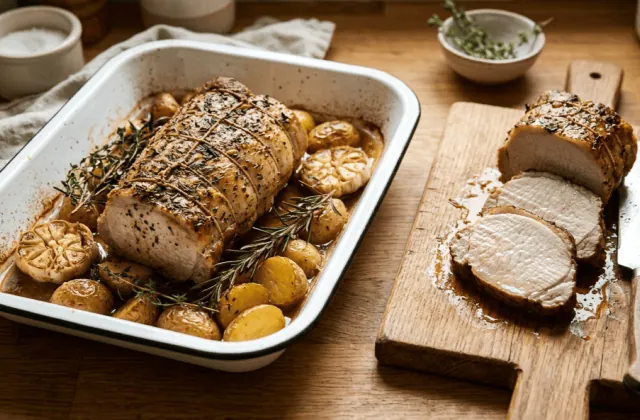 Rôti de porc au four à l’ail et aux herbes dans son plat, têtes d’ail rôties, pommes de terre et tranches découpées