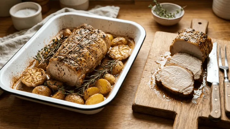 Rôti de porc au four à l’ail et aux herbes dans son plat, têtes d’ail rôties, pommes de terre et tranches découpées