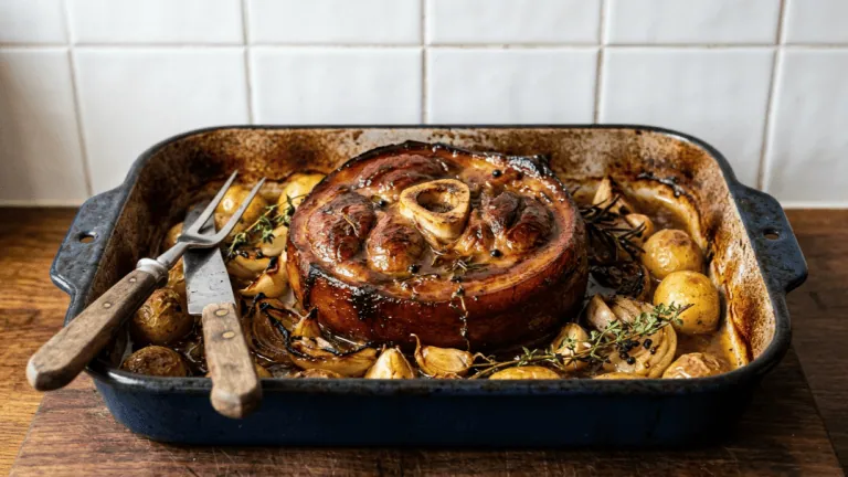 Rouelle de porc braisée au four dans un plat émaillé, oignons confits, ail, pommes de terre et thym dans le jus