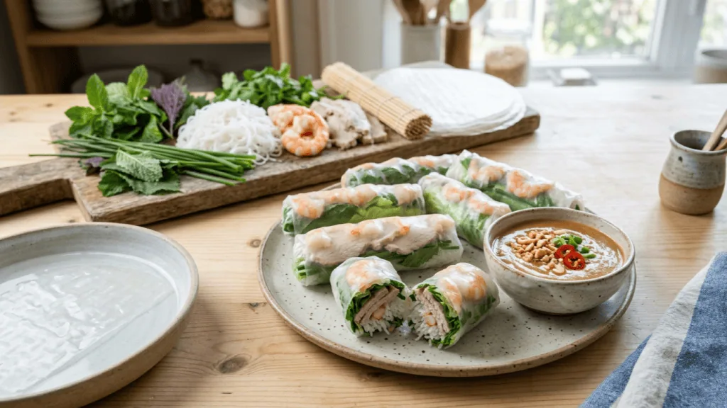 Rouleaux de printemps aux crevettes et au porc, galettes de riz translucides, sauce cacahuète et garnitures préparées