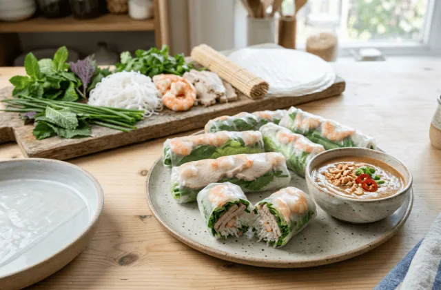 Rouleaux de printemps aux crevettes et au porc, galettes de riz translucides, sauce cacahuète et garnitures préparées