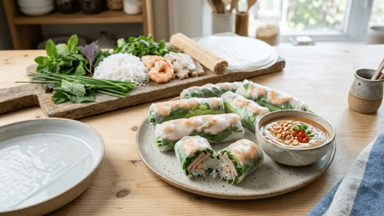 Rouleaux de printemps aux crevettes et au porc, galettes de riz translucides, sauce cacahuète et garnitures préparées