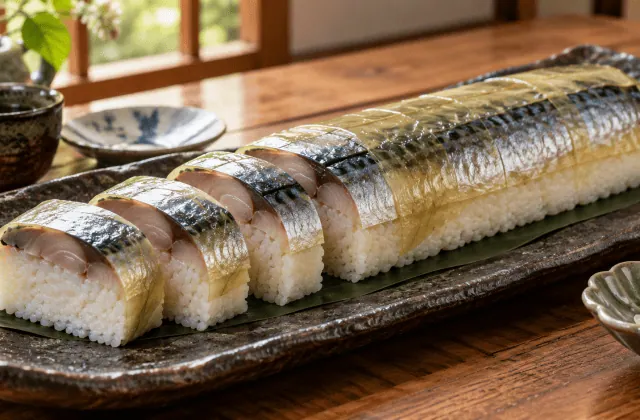 Saba-zushi en bâton pressé au maquereau et au kombu, découpé en tranches épaisses