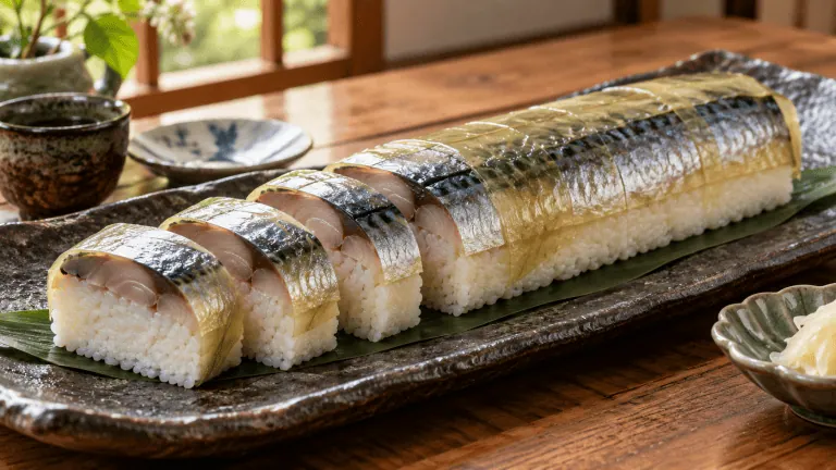 Saba-zushi en bâton pressé au maquereau et au kombu, découpé en tranches épaisses