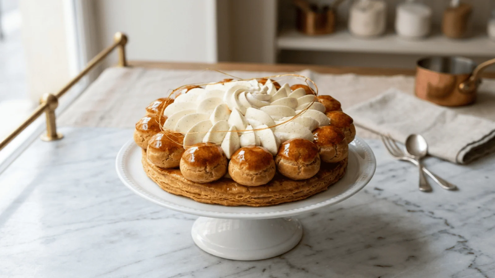 Gâteau Saint-Honoré sur présentoir : feuilletage, couronne de choux caramélisés, crème chiboust et chantilly pochées à la douille Saint-Honoré