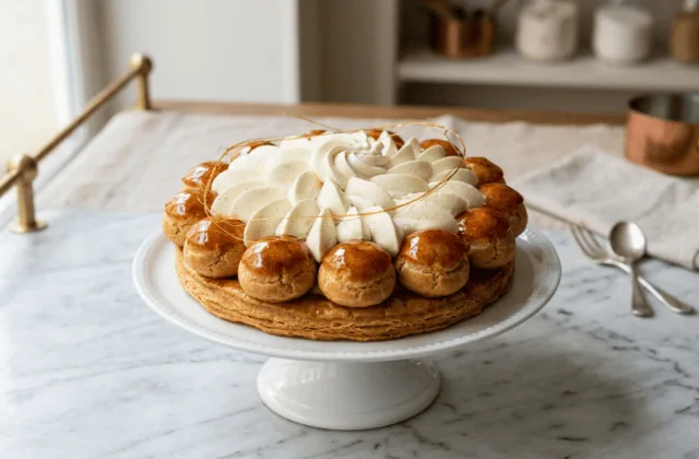Gâteau Saint-Honoré sur présentoir : feuilletage, couronne de choux caramélisés, crème chiboust et chantilly pochées à la douille Saint-Honoré