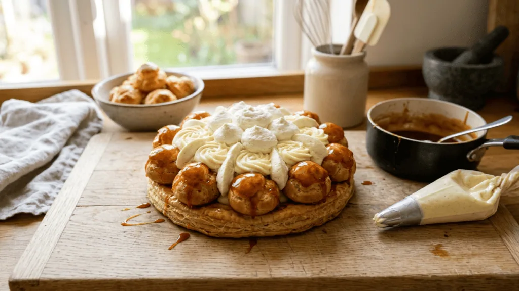 Saint-Honoré maison terminé sur une planche, choux caramélisés et crème pochée, poche à douille et caramel à côté