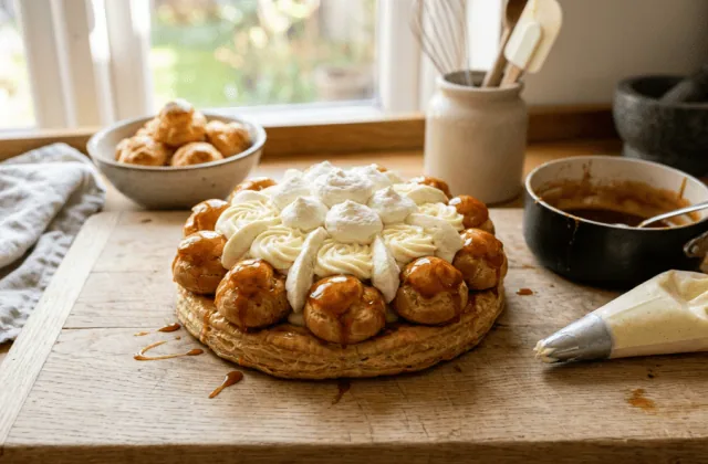 Saint-Honoré maison terminé sur une planche, choux caramélisés et crème pochée, poche à douille et caramel à côté