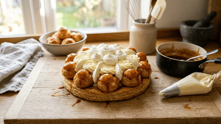 Saint-Honoré maison terminé sur une planche, choux caramélisés et crème pochée, poche à douille et caramel à côté