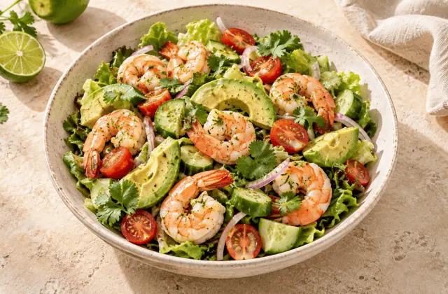 Salade avocat-crevettes aux tomates, concombre et citron vert