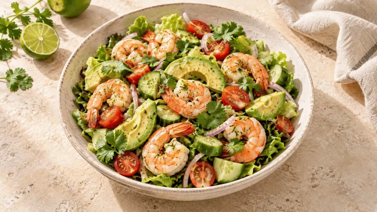 Salade avocat-crevettes aux tomates, concombre et citron vert